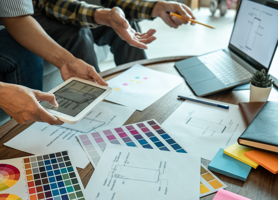Guide To Website Design / people looking at colors and designs on a desk | Navazon Digital