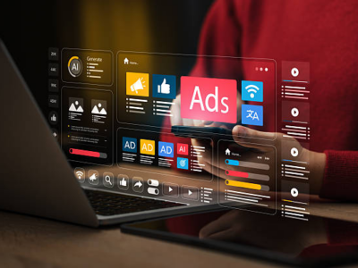 Person using a laptop with floating futuristic ads and analytics panels displayed above the keyboard.