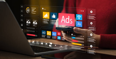 Person using a laptop with floating futuristic ads and analytics panels displayed above the keyboard.