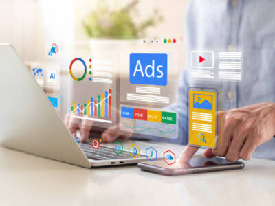 Person interacting with a laptop as holographic marketing dashboards, ads tiles, and charts float above the screen and a smartphone nearby.