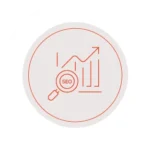 Circular badge showing a rising line graph, a bar chart, and a magnifying glass labeled SEO, symbolizing SEO analytics.