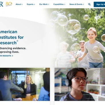 Hero banner for AIR showing children playing outdoors with bubbles, AIR logo, and the text 'American Institutes for Research. Advancing evidence. Improving lives.' on the left.